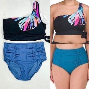 La Blanca Sz18W One Shoulder Swim Top Raisins Costa Front Shirring Swim Bottom